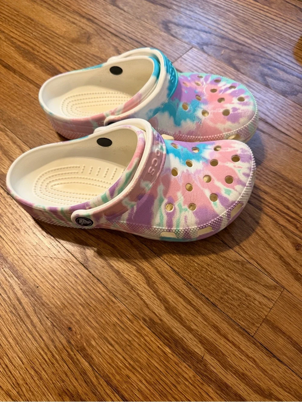 CROCS Kids Tie-Dye Clogs in Pastel Pink, Blue & Purple